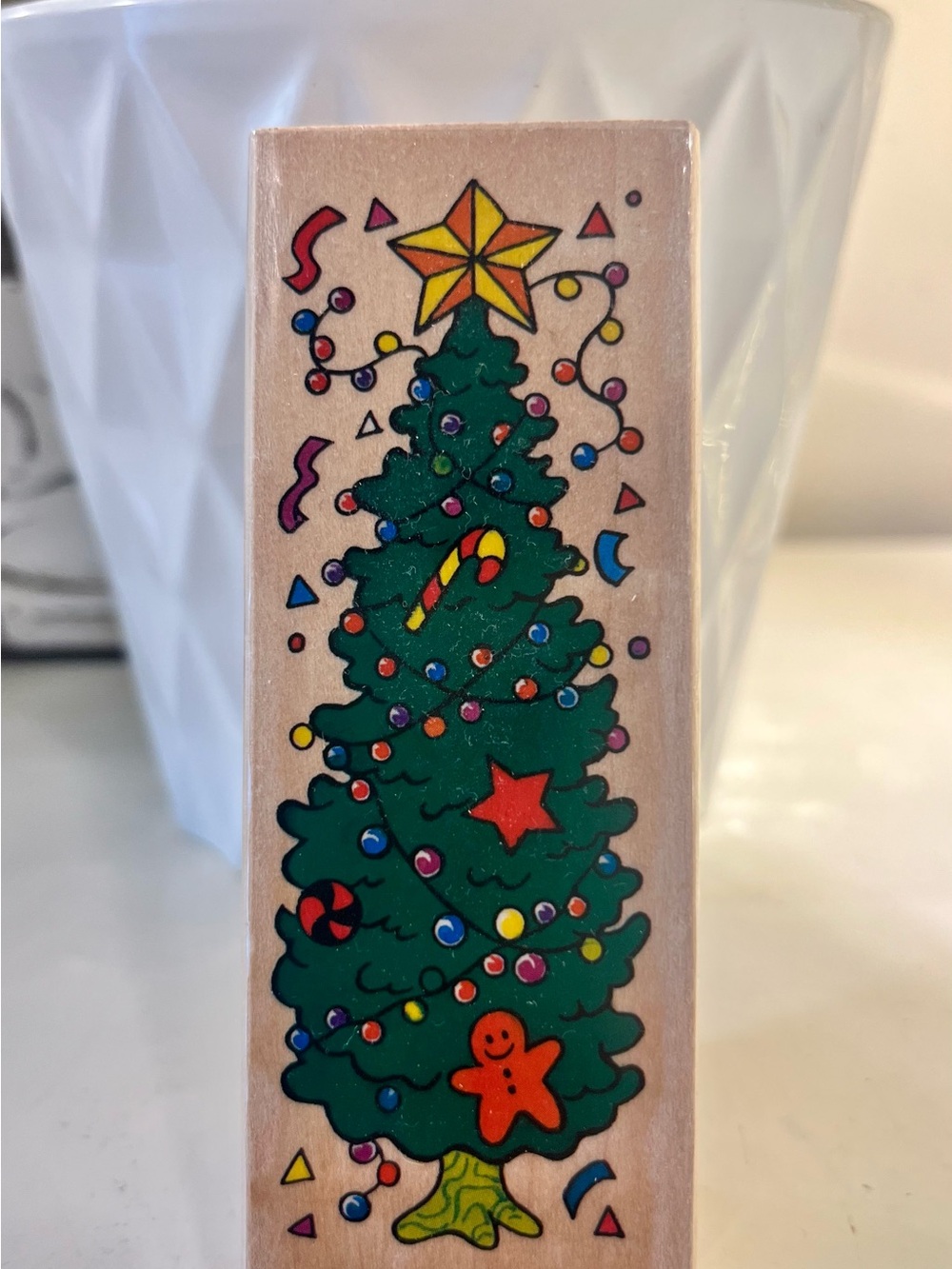 Vintage Christmas tree with star and ornaments - wooden and rubber stamp